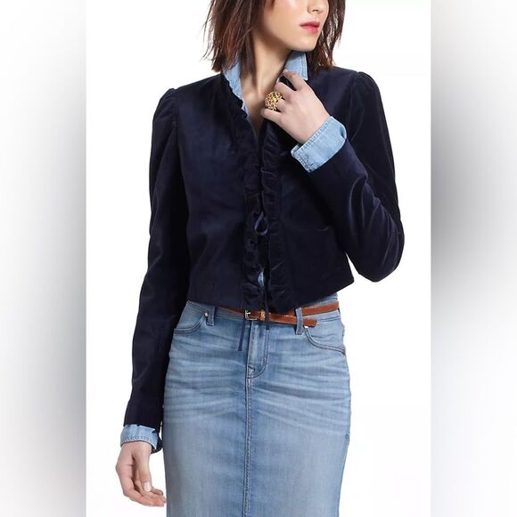 Leifsdottir Jacket Women’s 4 Anthropologie Maude Dark Blue Velvet Ruffle Trim Bl - Picture 9 of 9